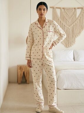 Cream Cherry-Print Long Pajama Set with Red Piping